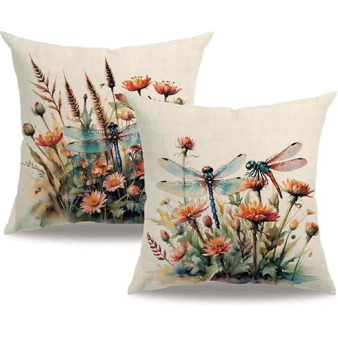 7COLORROOM Dragonfly Pillow Covers 18 X 18 Inch Wildflowers Color Dragonfly Cushion Covers Flower Holiday Rustic Farmhouse Decoration 2Pack for Sofa