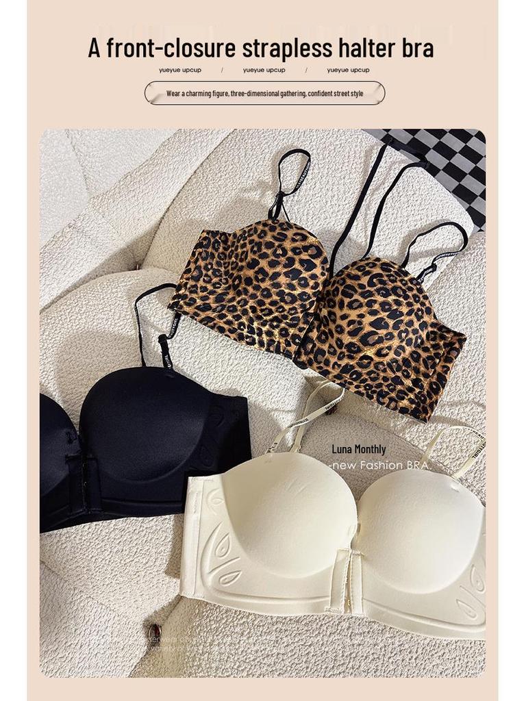 Women's Push-Up Halter Bra, Front Buckle, Wire-Free, Anti-Sagging, with Side Support.