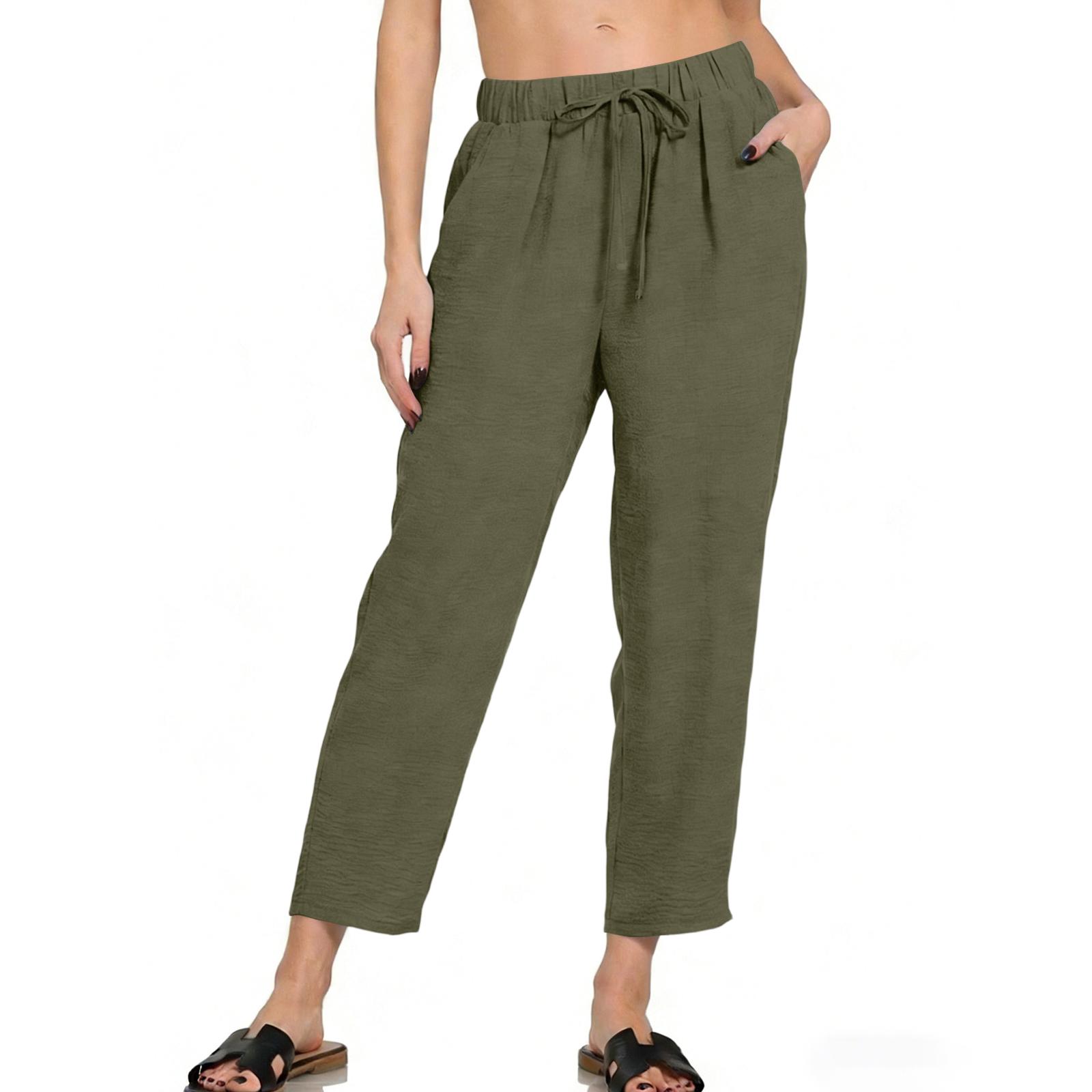 Women s Slanted Pocket Elastic Waist Cropped Pants Casual Cotton And Linen Pants L