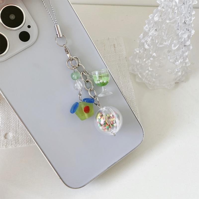 Adorable Ice Cream Design Crystal Phone Lanyard Green Pendant Keychain Gift Unisex Ice Cream Cup Keychain for Her