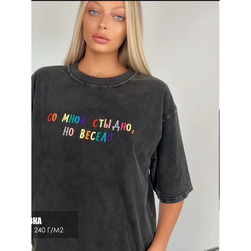 Fashion Style Washed Black Letter Print Cotton T-shirt Loose Letter Printed Cotton T-shirt