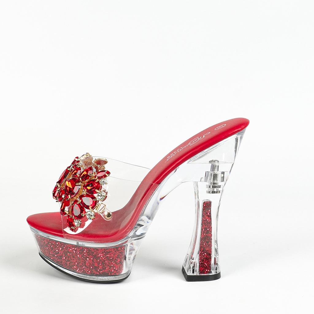 Rhinestone Thick Heel Banquet Slippers Summer Transparent Waterproof Platform Thick Bottom Sexy Crystal