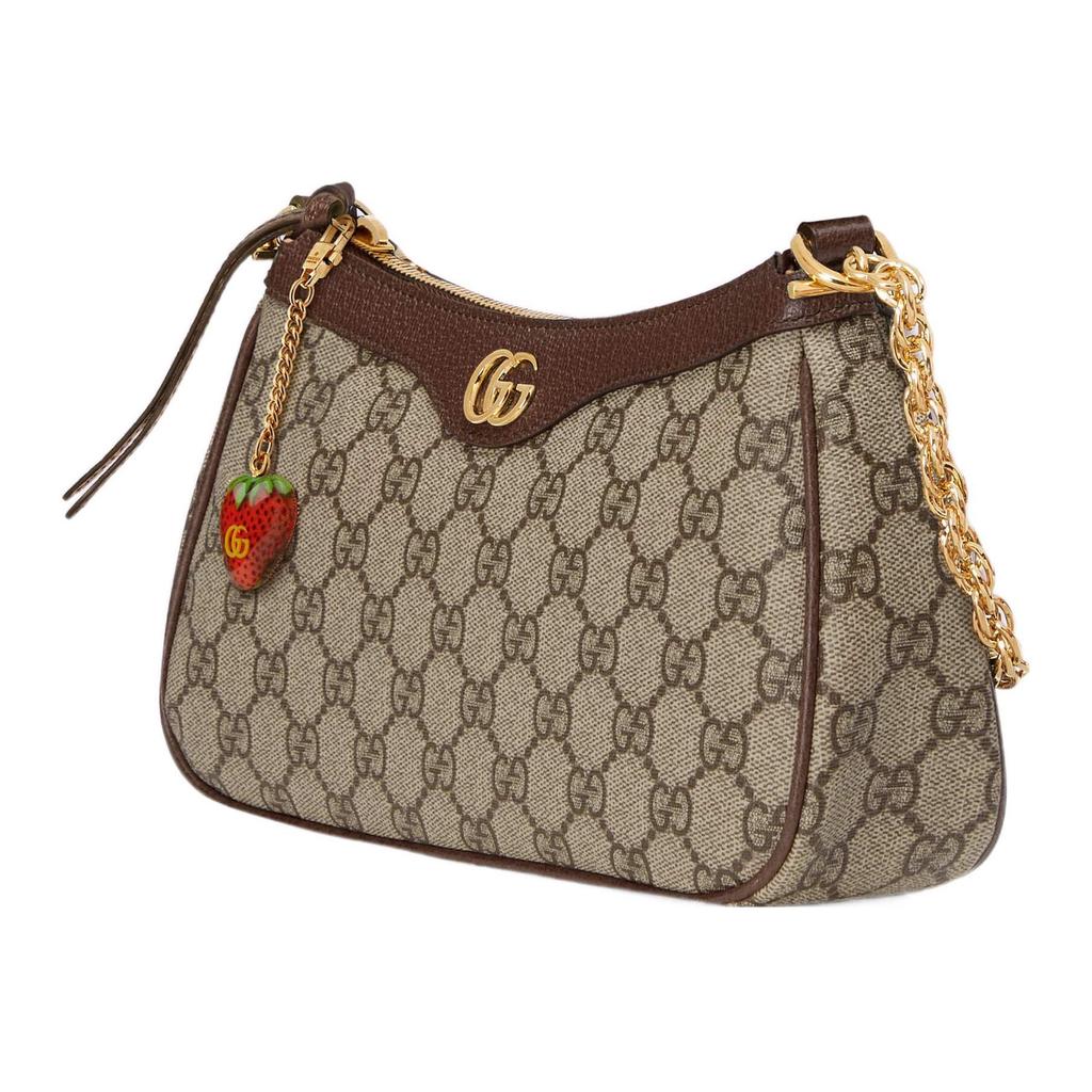 Gucci Borsa a Spalla GG Marmont in Tela con Ciondolo Fragola, Beige Marrone Pelle, Striscia Web, per lo Shopping Quotidiano 735132-FABLE-9442