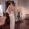 European and American Women's Clothing Cross-border  Autumn New Light Luxury Perspective Bubble Sleeves Satin Waist Celebrity Dress Set