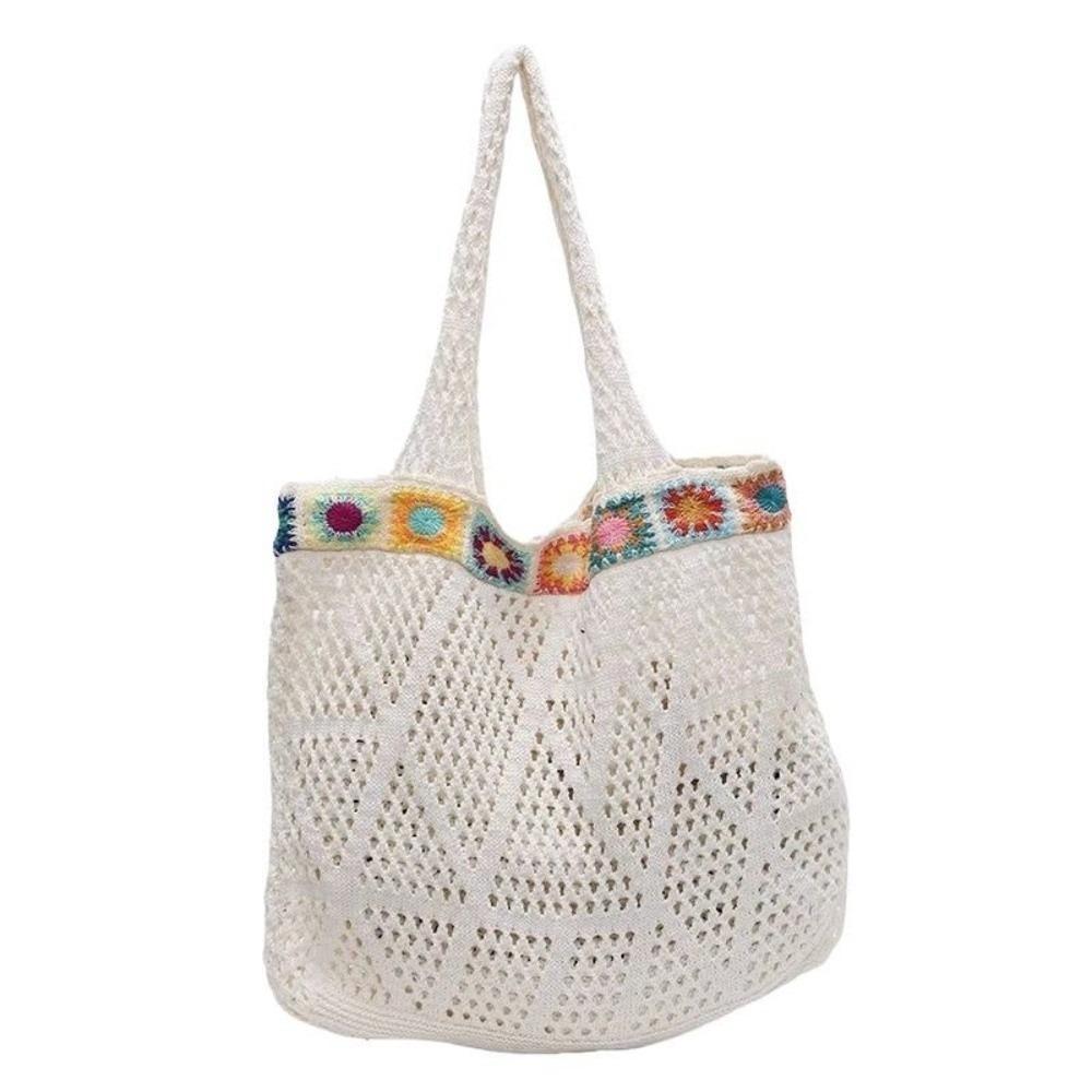 Fashion Flower Knitting Shoulder Bag Large Capacity Hollow Crochet Tote Bag Solid Color Shopping Bag Woven Handbag Female