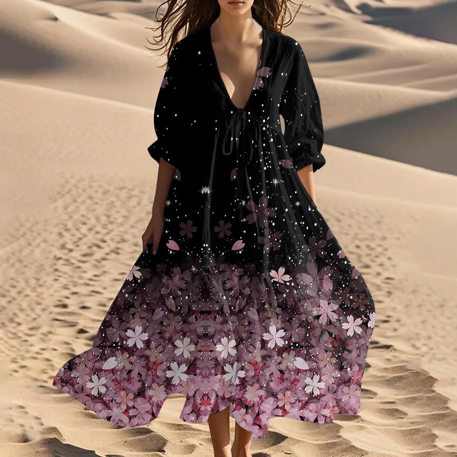 

Женское летнее модное платье макси с V-образным вырезом для пляжа, винтажное, с цветочным принтом, шнуровкой и вставками XXL