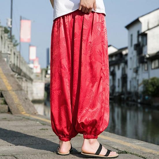 Herrenhose Laternenhose Hippie Boho Baggy Drachenmuster Locker Knöchelbündchen Weich Atmungsaktiv