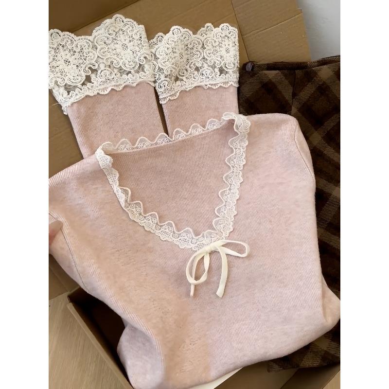 Tender Pink Collar Lace Spliced Wool Knitted Sweater for Women's Autumn and Winter Waist and Thin Inner Top, High-end Bottoming Shirt