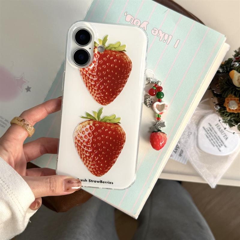 Ins Style Simple White Background Strawberry Phone Case for iPhone 17, 16 Pro Max, 15, 14 with Girlish Heart Design