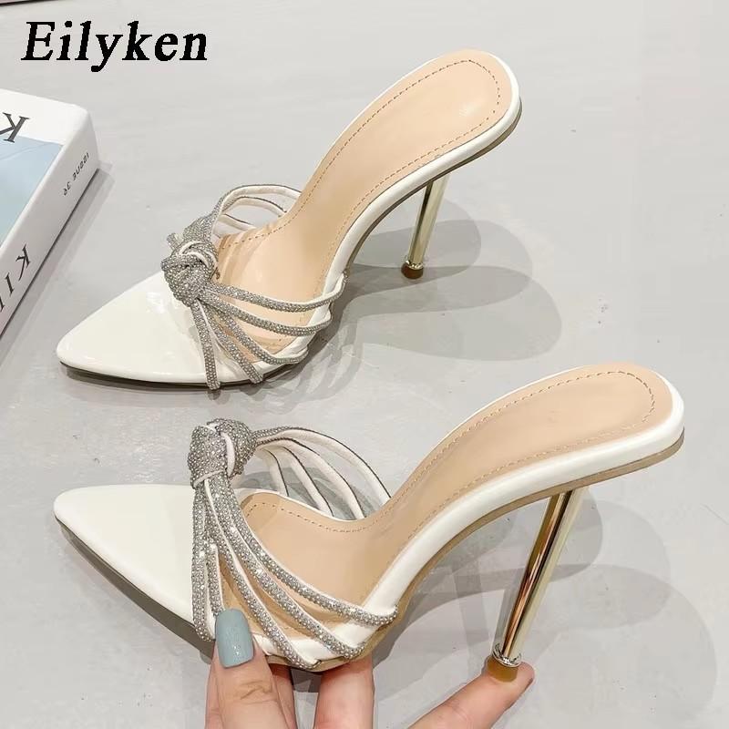 Fashion Eilyken Sexy High Heels Slipper Women Summer Fashion CRYSTAL Narrow Band Pointed Toe Slides Stripper Party Sandal Mule Shoes