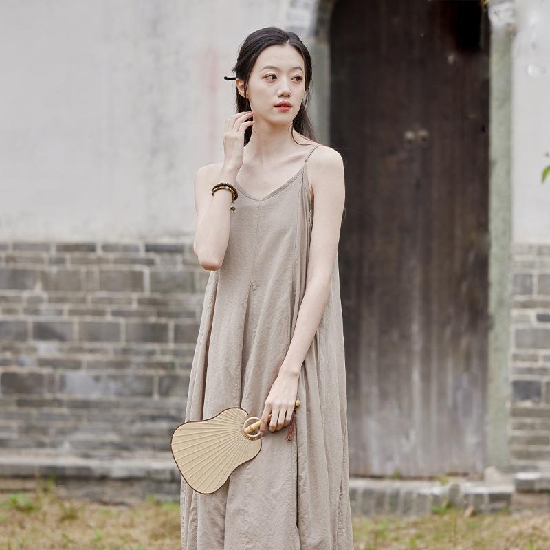 Johnature Women Sleeveless Summerdress Patchwork Summer Cotton Spray Dyeing Women Spaghetti Strap Dress