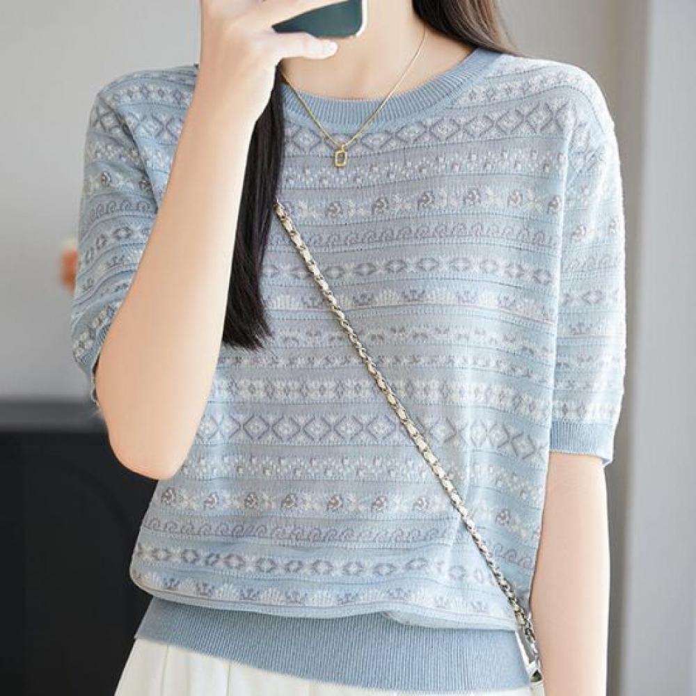 Navava Women Retro Pattern Ice Cool Round Neck Short Sleeve Knit Tee Nk3720