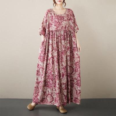 Short Sleeve Plus Size Cotton Vintage Floral New In Dresses for Women Casual Loose Long Summer Dress