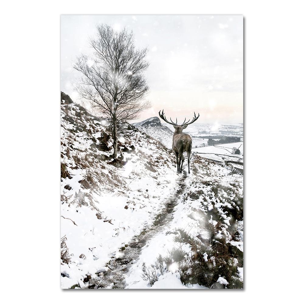 Scandinavian Nature Winter Landscape Poster Print Mountain Forest Canvas Painting Deer Wall Art Picture Nordic Style Home Decor