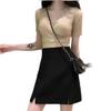 2025 High-Waist Plus Size Black Bodycon Skort - Korean Style Double Slit A-Line Midi