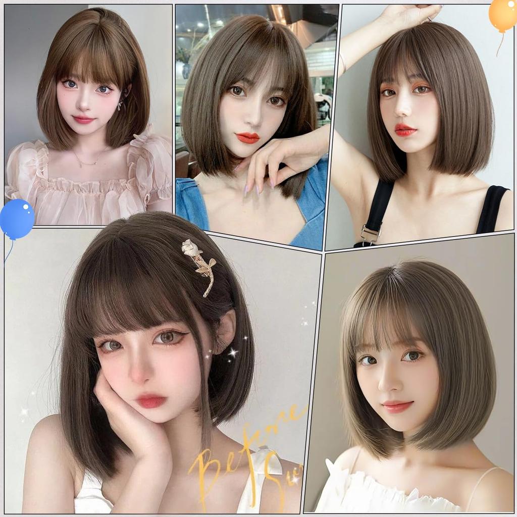Aisiqueens Short Full Heat Small Harajuku Plunging Everyday Mine Style Wig, Bob, Wig, Resistant, Natural, Adults, Face, Style, Bangs, Wig, (Ash Brown)