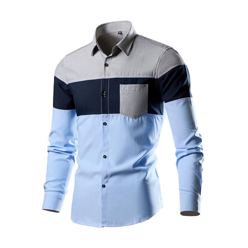 Men Patchwork Shirt Mens Spring Long Sleeve Shirt Anti-Wrinkle Free Ironing Business Comfort Fashion Breathable Slim Shirts