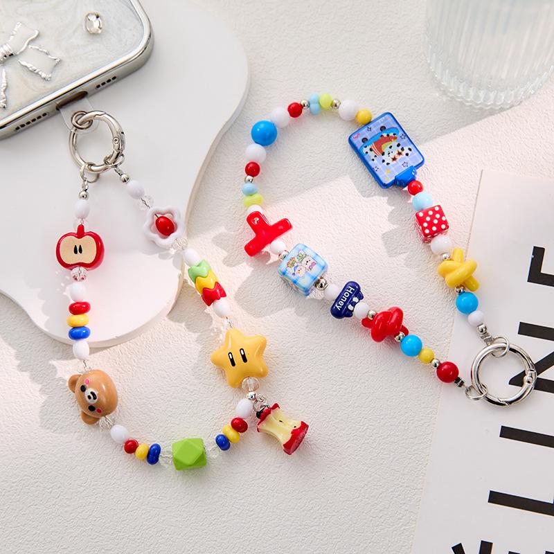 Cute Bear Star Mobile Phone Chain Dopamine Girl Heart Beaded Apple Pendant Lanyard Wrist Strap Chain