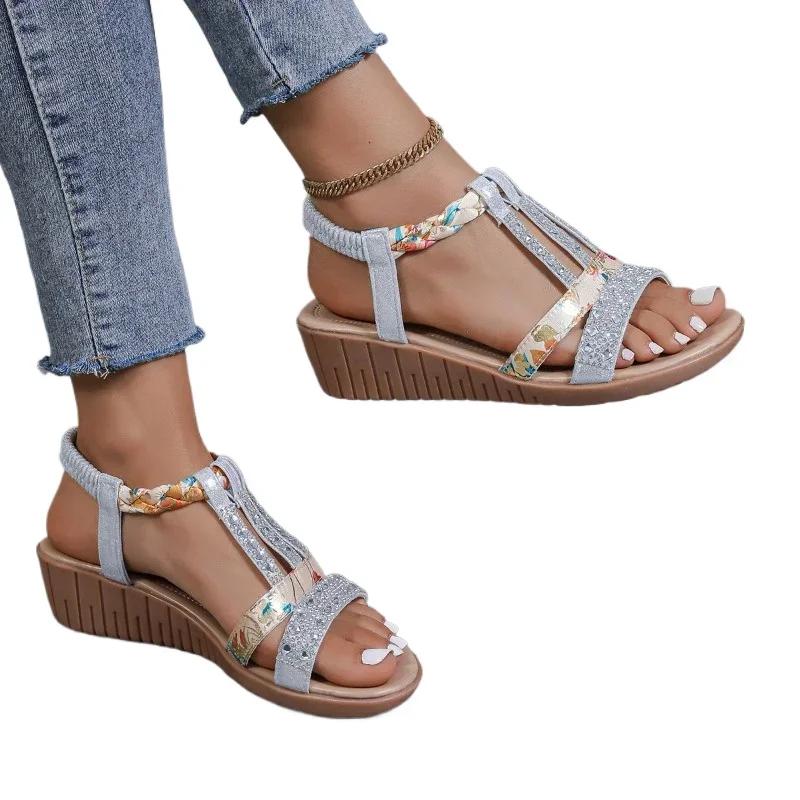 Fashion Shoes for Women 2024 Plus Size Women's Sandals Summer Casual Sandals Women Crystal Mixed Colors Elastic Band Wedge Shoes Ladies