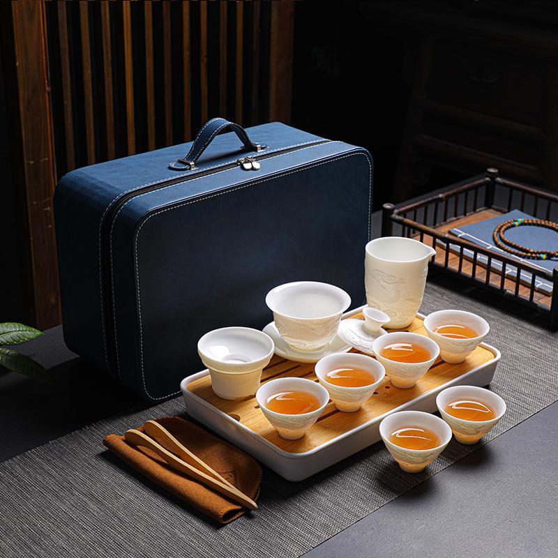 Embossed Suet Jade Ceramic Simple Tea Set Gift Box with Tea Tray Business Gift
