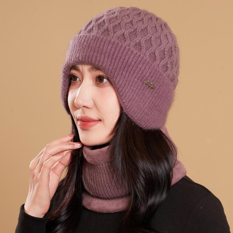 Autumn and Winter Middle-aged and Old Mother Wool Hat Knitted Two-piece Set, Ear Protector, Pullover Hat, Scarf, Plush Warm Hat