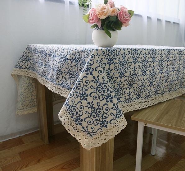 Retro Blue and White Porcelain Table Cloth Lace Rectangular Chinese Style Cotton Print Dinning Table