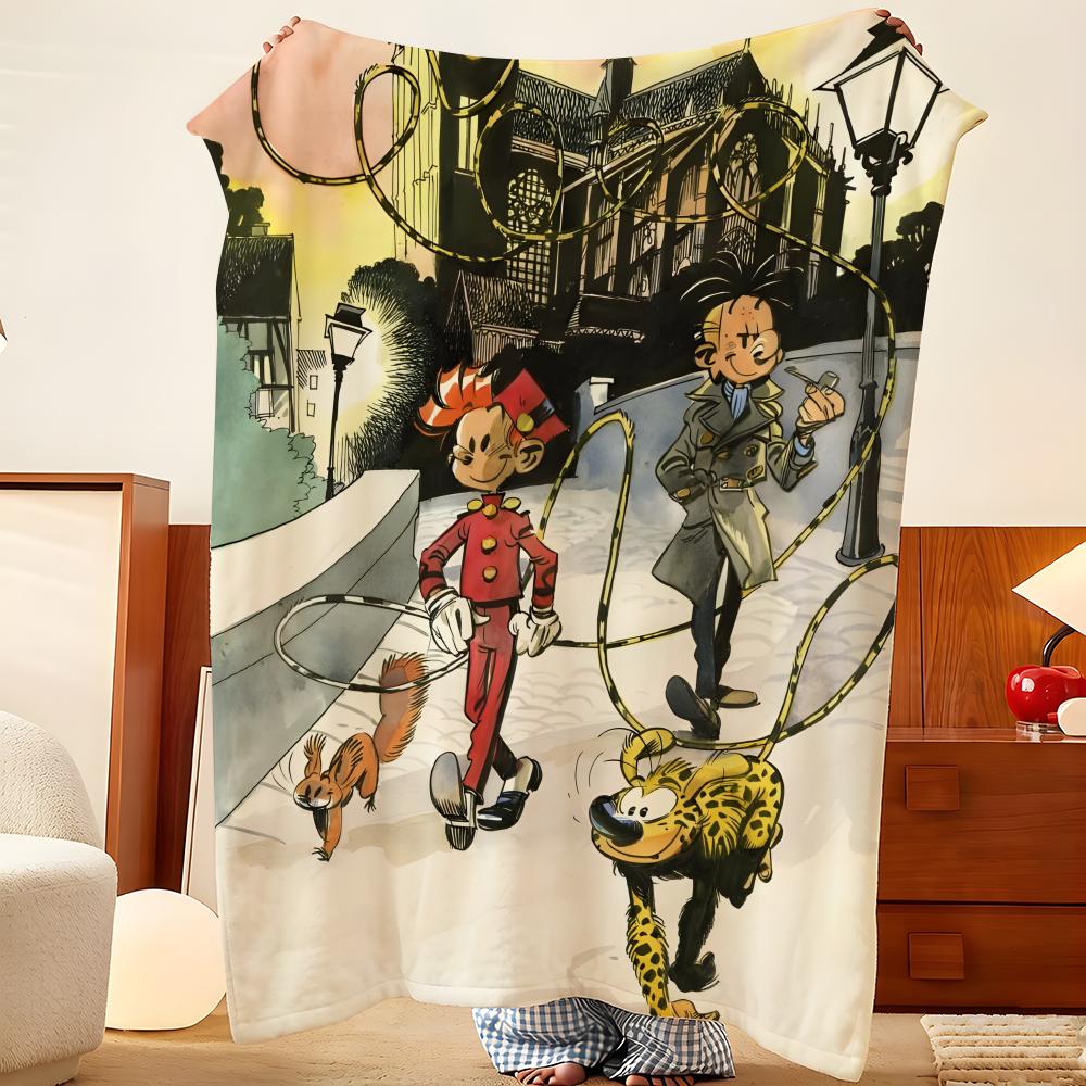 Cartoon S-Spirou en F-Fantasio Gooi Flanellen Plaid, Lichtgewicht Gezellig, Duurzaam Wasbaar schattig Cool
