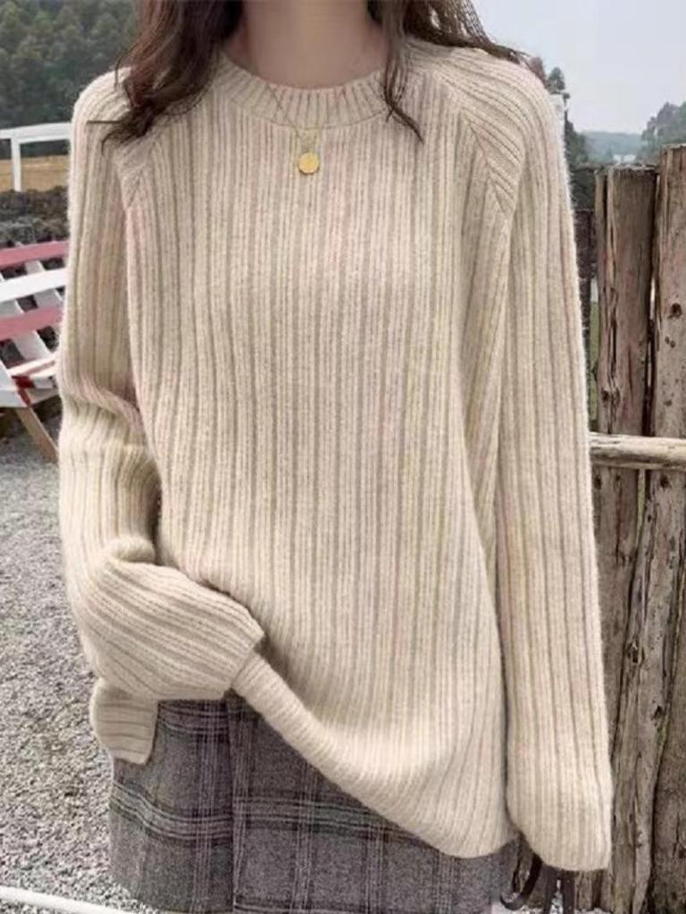 Women's Medium Length Knitted Wool Cardigan - Autumn/Winter Round Neck, Thick, Solid Color, Loose Fit
