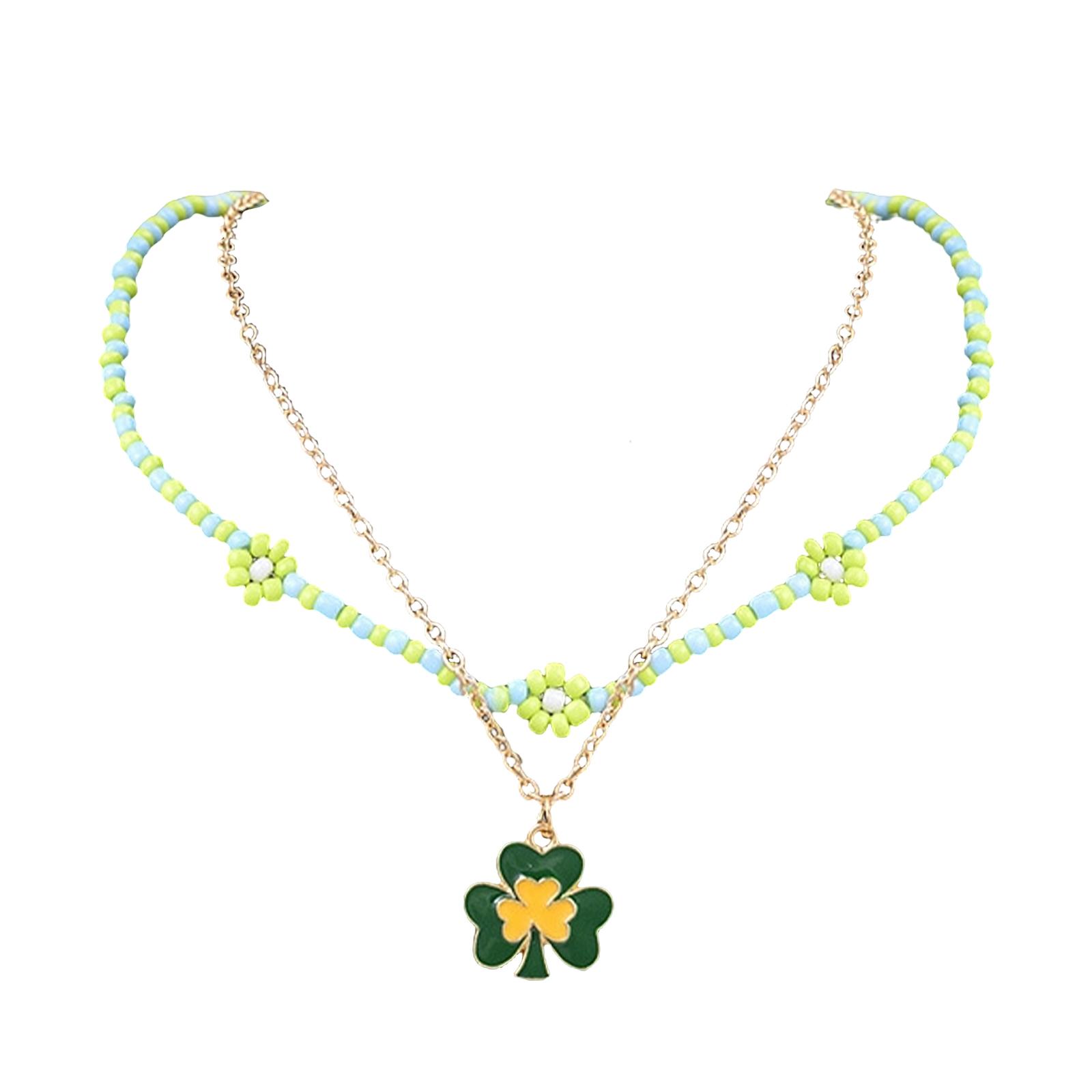 Layered Beaded Necklace with Clover Pendant and Floral Bead Accents for Women Adjustable Length Creative Jewelry Accessory for Daily Wear One Size зелёный