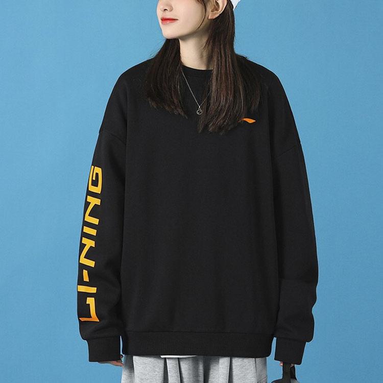 Li Ning Plain Letter Print Fleece Crewneck Sweatshirt Men Sweatshirt Black AWDS469-1