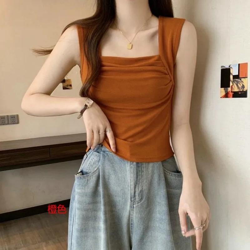 

Summer Pleated Square Collar New Camisole Women s Slim-fitting Inner Wear and Outer Wear Design Bottoming M оранжевый