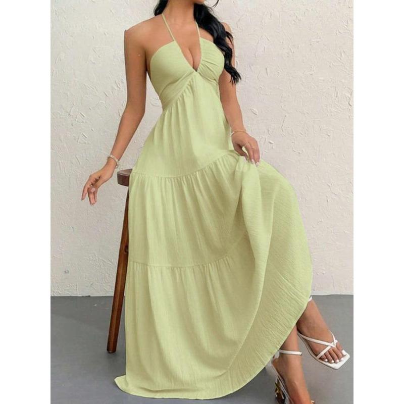 Amazon eaby European and American summer new hot-selling women's neck dress suspender strap holiday skirt