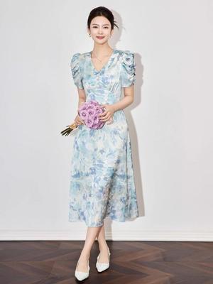 Elegant High Waist French Jacquard Print Summer Dress for Women