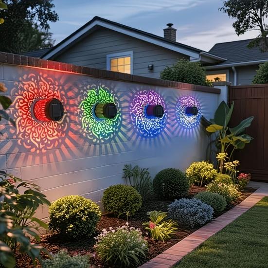 Solar Wall Light, 7 Color Changing Fence Light, Outdoor Projection Lamp, Waterproof Garden Lamp for Yard Patio Backyard Decor