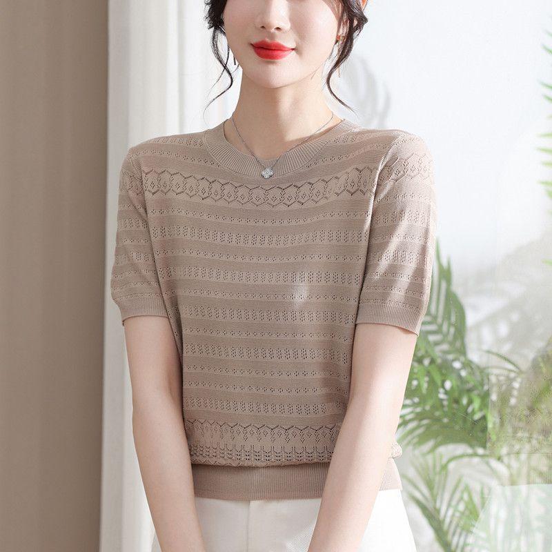 Short Sleeved Knitted Shirt for Women Round Neck Short Jacquard Top T-shirt for Women