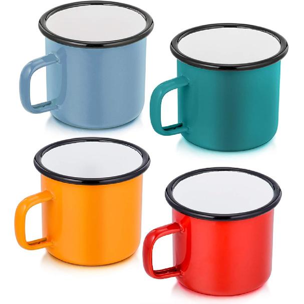 P&P CHEF Enamel Camping Mugs Set 12 Ounce, Coffee Camp Enamel Tea Cups for Indoor and Outdoor Activities, Wide Handle & Smooth Rim,Portable & Classic