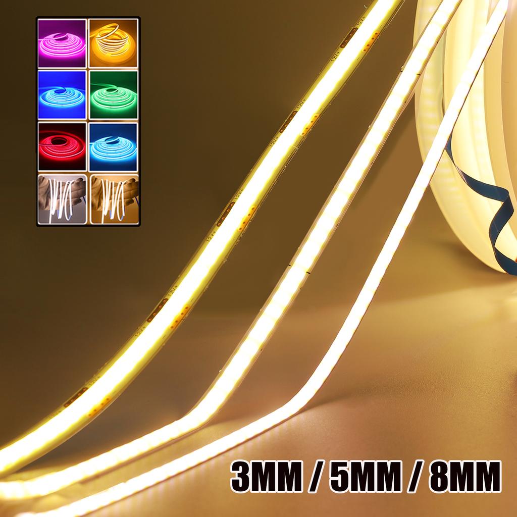 DC 12V COB Strip White/Pink/Red/Yellow/I Blue/Green 3MM 5MM 8MM Home Decor TV Backlight 0.5M 1M 4M 5M Flexible Ribbon Rope