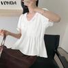 VONDA Elegant Women V Neck Puff Sleeve Ruffled Casual Loose Blouse