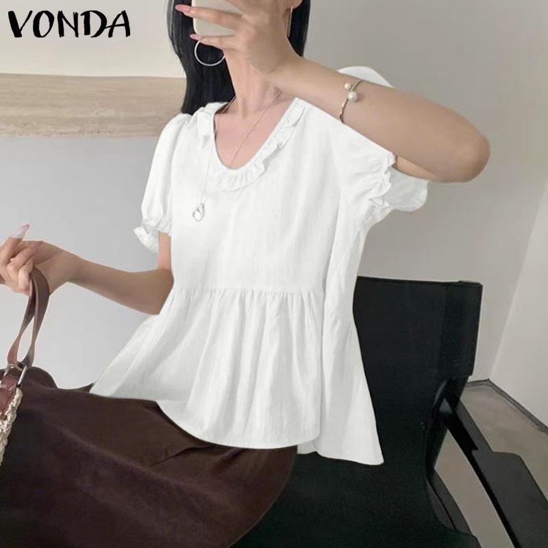 VONDA Elegant Women V Neck Puff Sleeve Ruffled Casual Loose Blouse