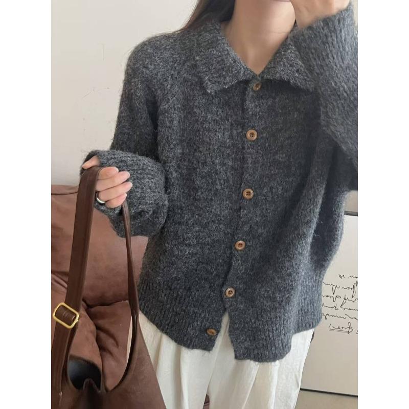 Lazy Single-breasted Solid-color Knitted Sweater Women's Cardigan Autumn and Winter Wear Loose and Thin Top Jacket