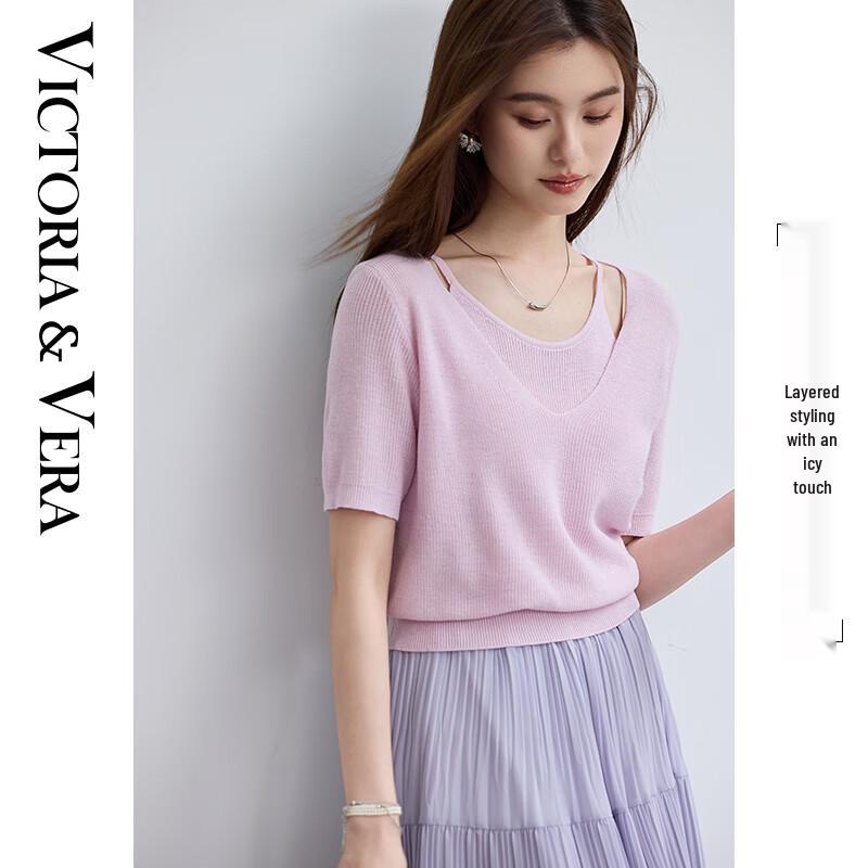 

Женский трикотажный топ с коротким рукавом из ледяного шелка, имитирующий двойку VICTORIA&VERA XL