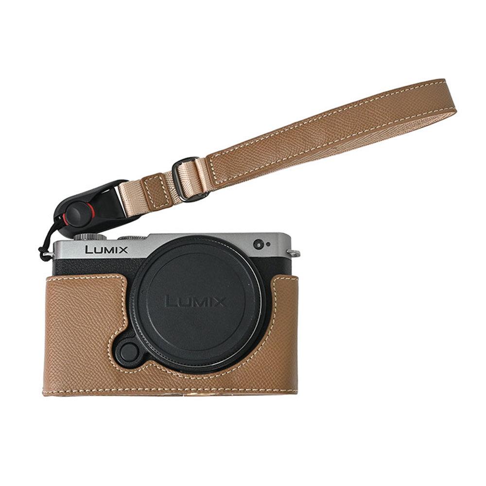 Palm Print PU Leather Camera Half Body Case For Panasonic Lumix S9 Battery Opening Bottom Cover With Strap