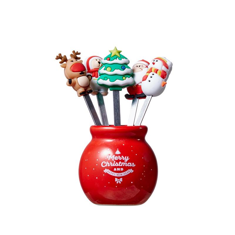 

1 комплект из 5 предметов, рождественская елка, набор вилок для фруктов из нержавеющей стали, мини-милые столовые приборы для салата, кухонные гаджеты