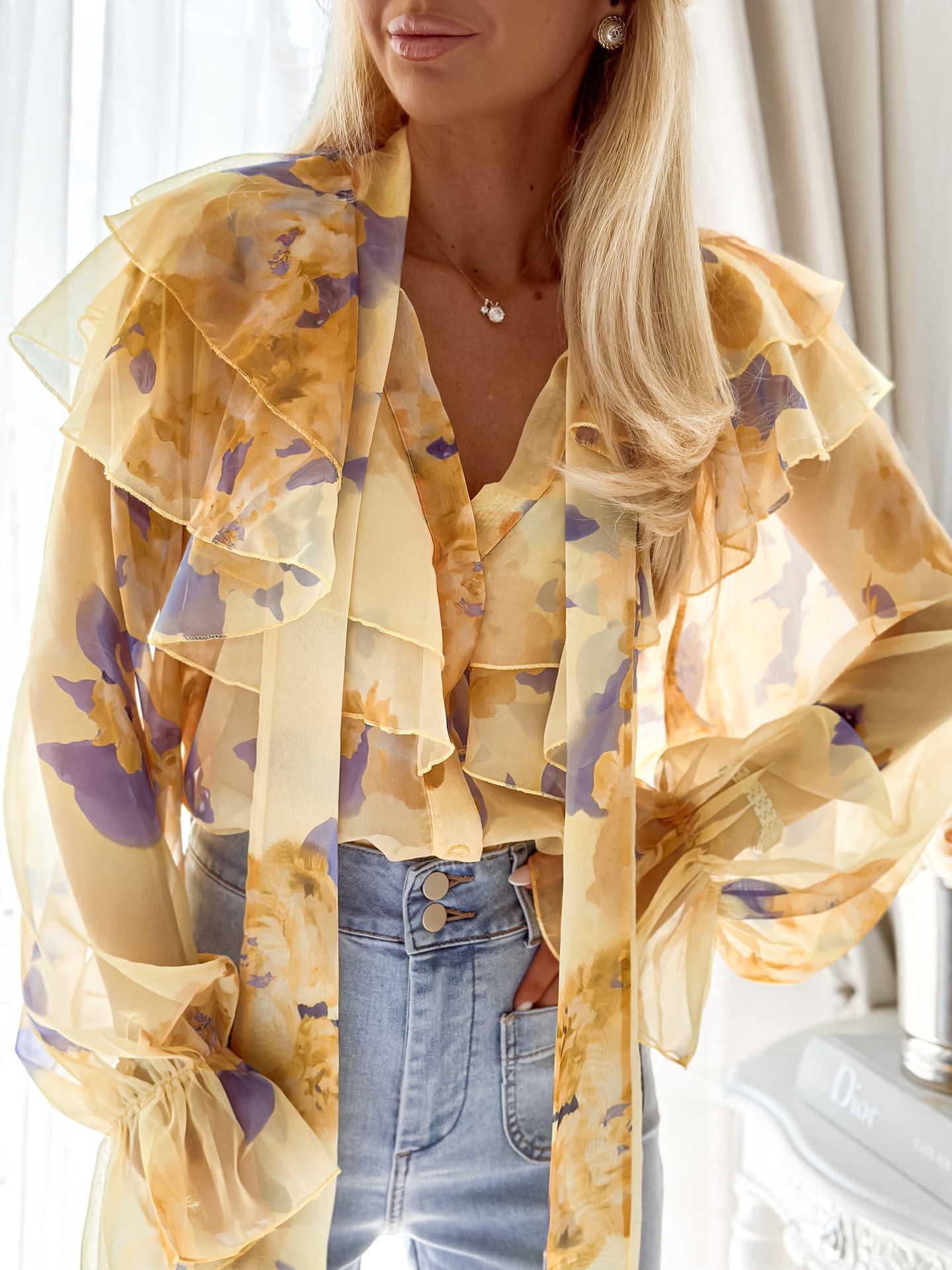 

Европейско-американский женский топ с оборками, V-образным вырезом и расклешенными рукавами XL хаки