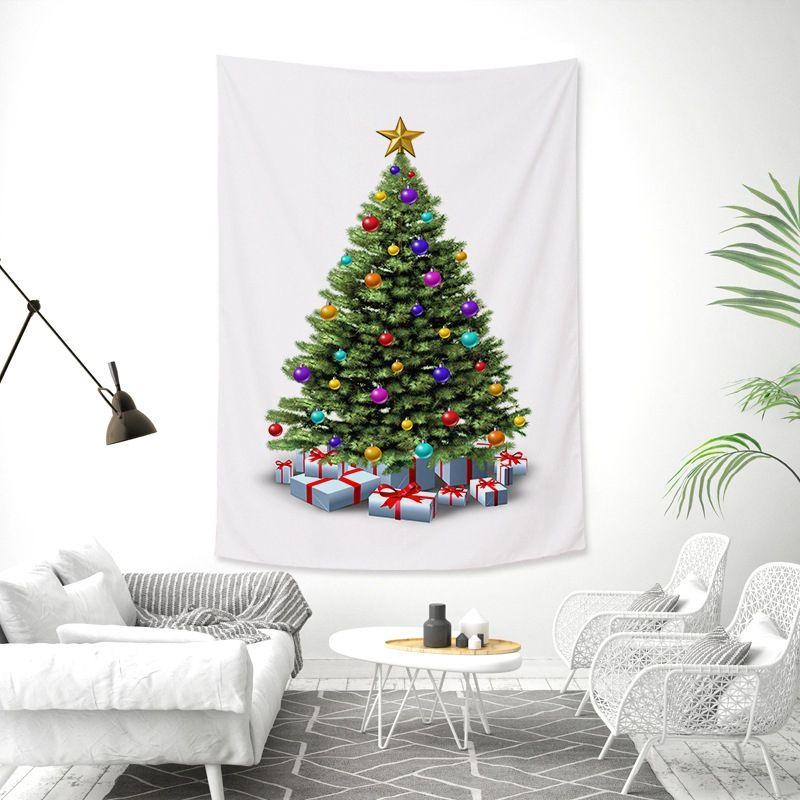White Realistic Christmas Tree Wall Tapestry Gold Red Ornament Ball Tinsel Gift Box Bow Minimalist Holiday Aesthetic Home