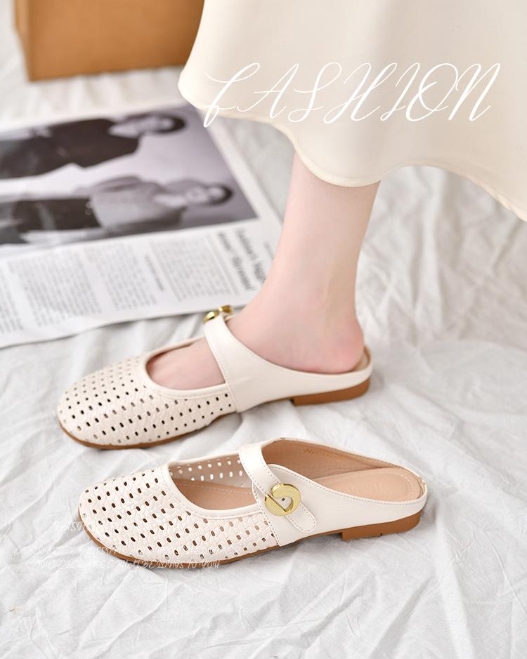 French breathable hollow bag head half slippers 2025 new women's summer wear one word with low wedge heel sandals Muller shoes