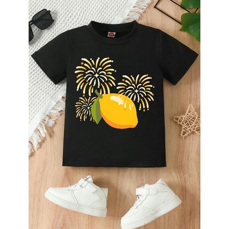European sizes Featuring a Cartoon Lemon Fireworks Print, This Trendy and Fashionable T-shirt Is Casual and Comfortable, Perfect for Girls