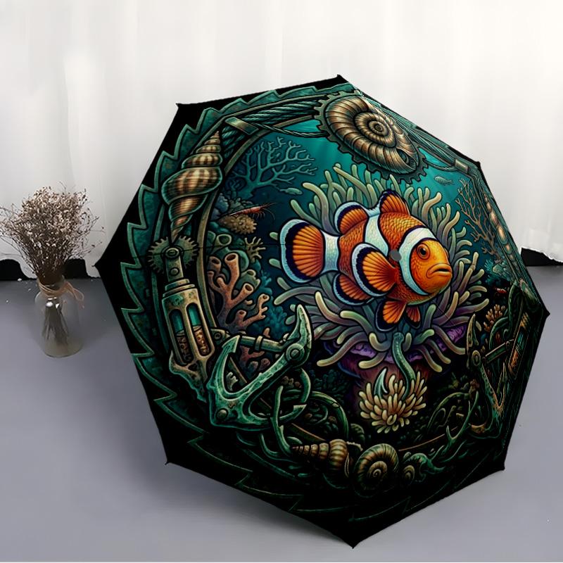 Oceanic Mechanical Wonder Pattern Umbrella, Portable and Foldable Design, 8 Ribs, a Casual Accessory for Halloween, Christmas, and Birthday Gifts.