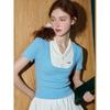 Coolhut Color-Blocked Fake Two-Piece Short-Sleeved Shirt with a Preppy Design, Versatile Knit Top for Women in the Summer of 2025