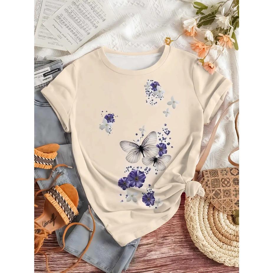 Women's 3D Printed Butterfly & Floral Casual T-Shirt - Vibrant Purple/White/Black/Blue/Grey, Breathable Machine-Washable Fabric, All-Season Comfort